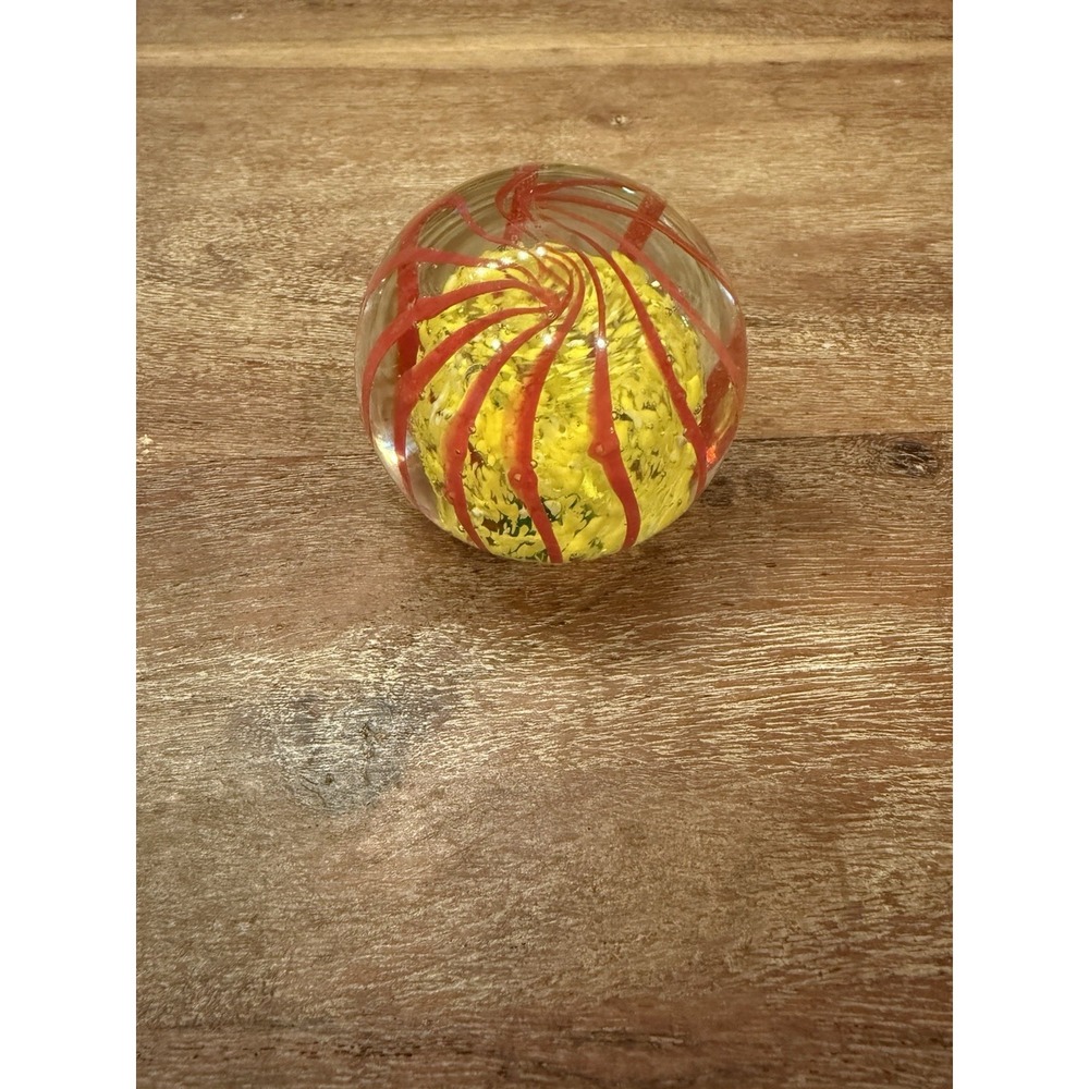 Vintage Glass Blown Collectible Paperweight Sphere Ball, 2 1/2" Red Yellow Swirl